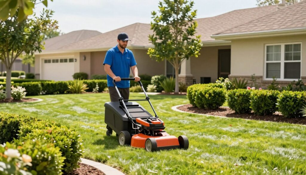 Commercial property maintenance crew working on business grounds in Woodstock