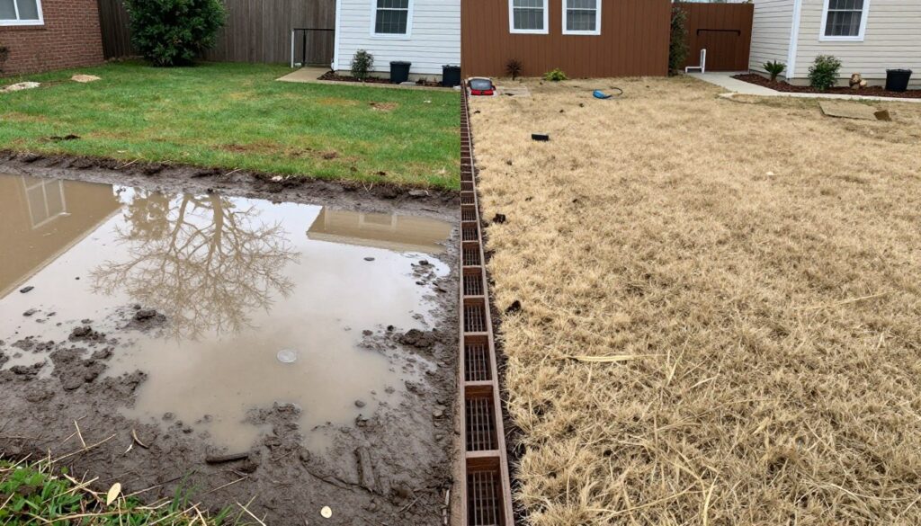 Comparison showing property before and after professional drainage solutions