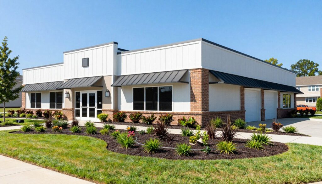 Complete commercial property showing comprehensive landscaping services results