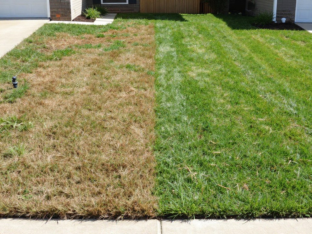 Dead brown grass patches on residential lawn showing irrigation system failure