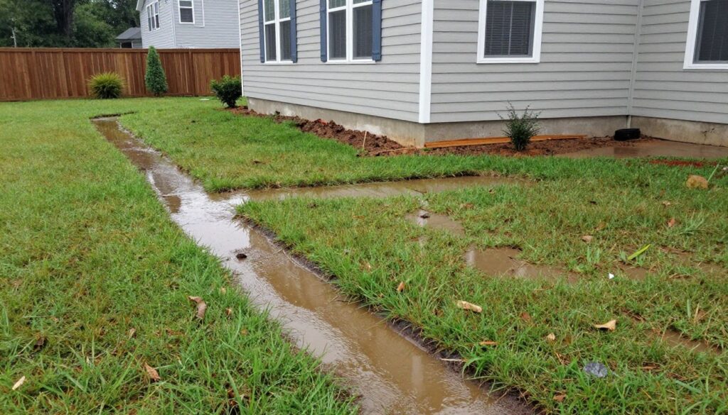 Flooded backyard with standing water pooling near home foundation in Woodstock Georgia. Irrigation and drainage in Woodstock
