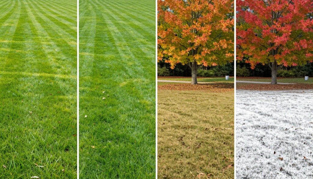 Four seasons of lawn care shown in quadrants displaying year-round maintenance