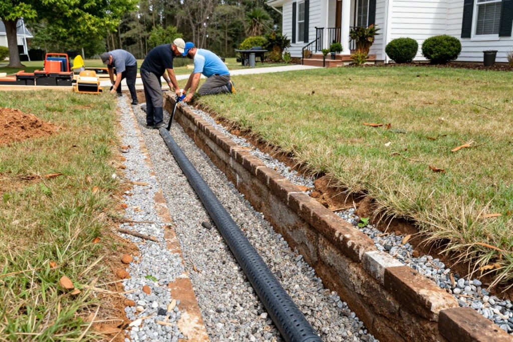 French drain installation in Woodstock residential property