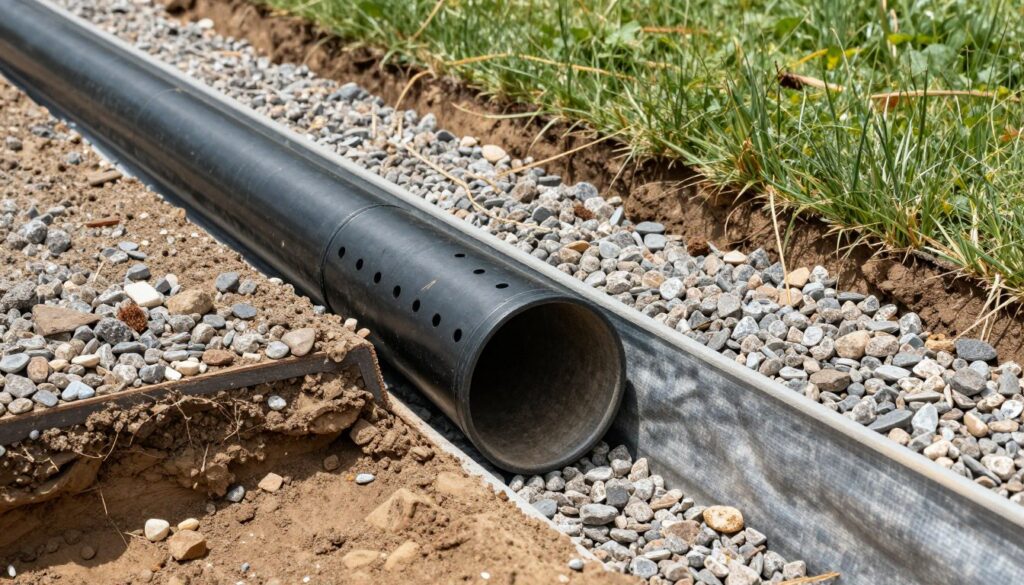 French drain installation with gravel and perforated pipe in residential yard