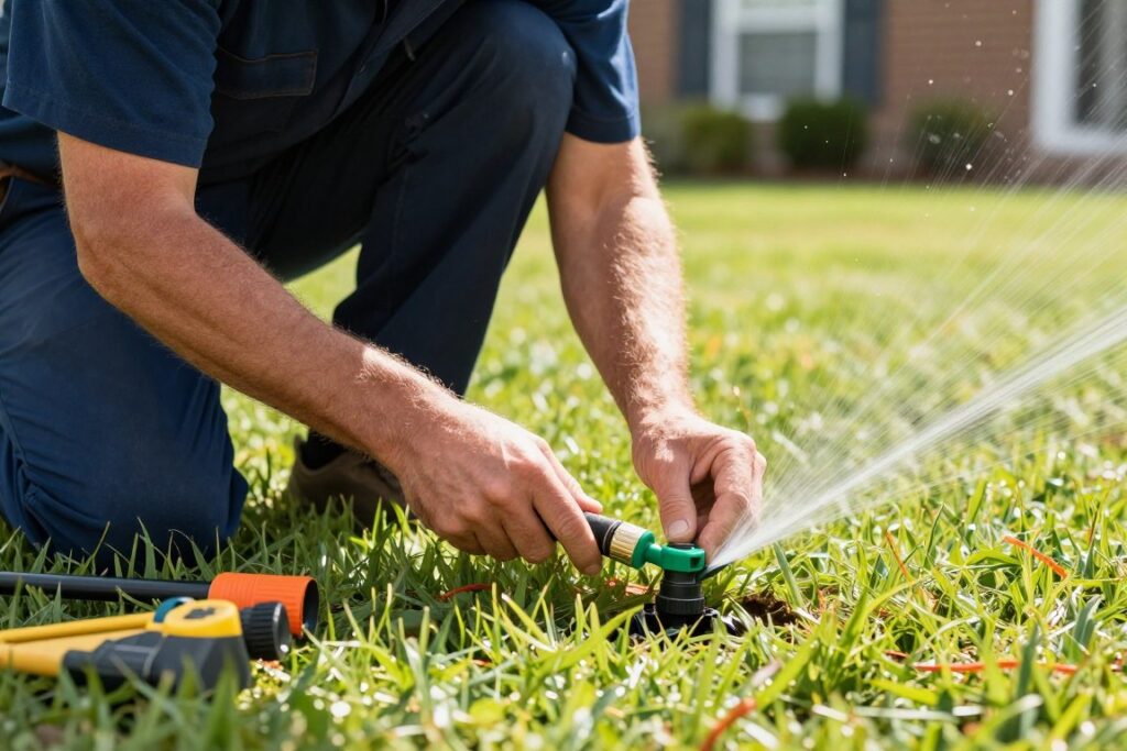 Irrigation repair technician fixing broken sprinkler in Woodstock