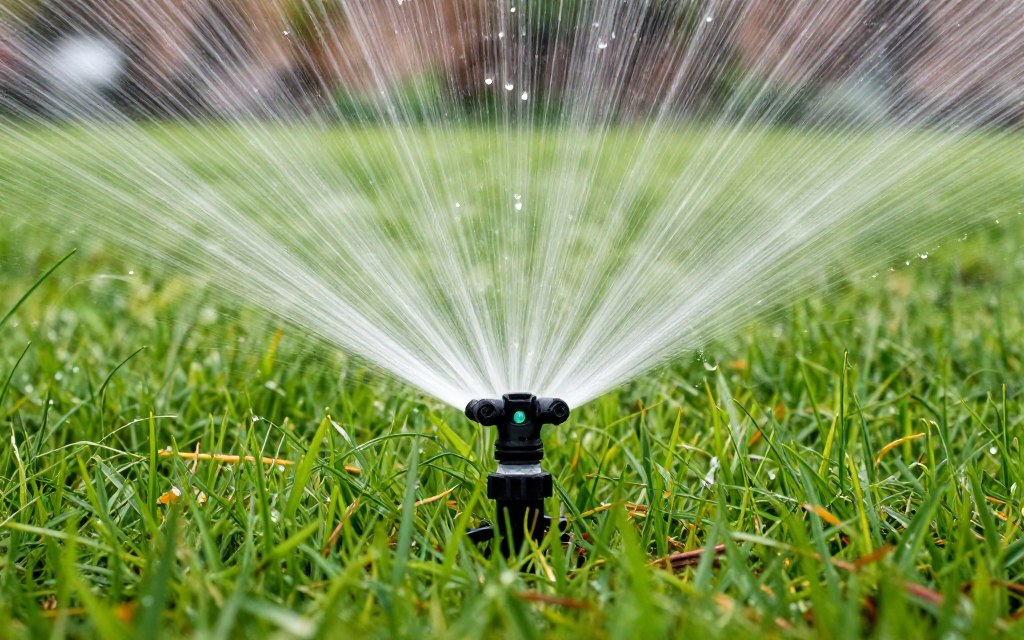Irrigation system sprinkler head watering vibrant green lawn evenly