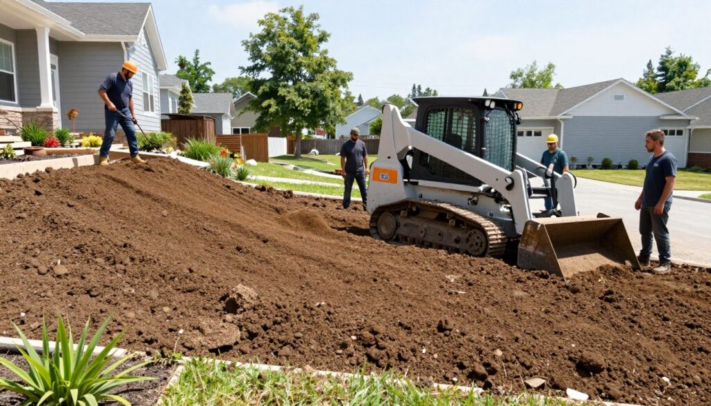 Landscaping crew performing yard grading work with equipment