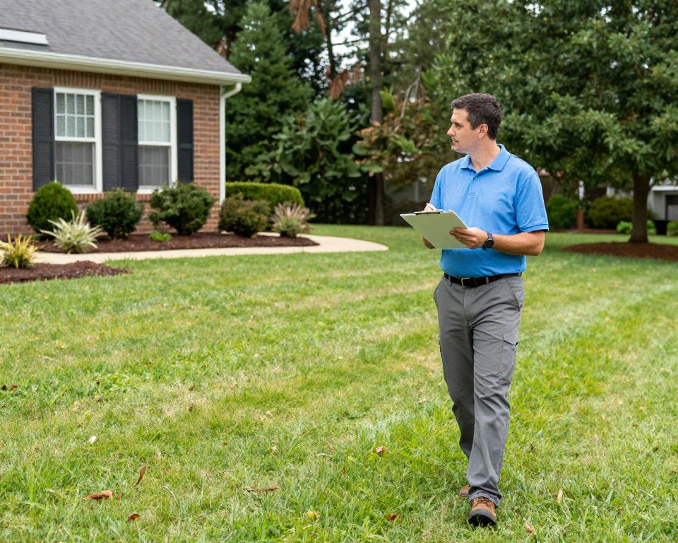 Lawn care professional conducting property assessment in Woodstock