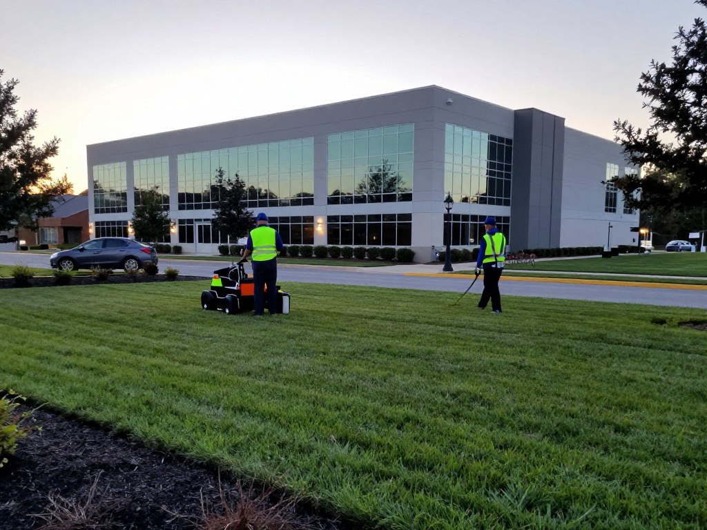 Lawn care professionals maintaining commercial property during off-hours in Woodstock