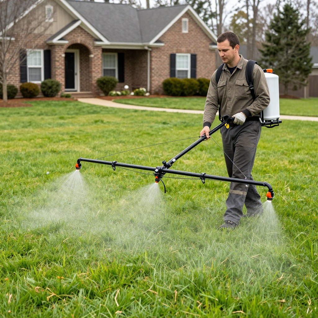 Lawn fertilization application process showing healthy green grass growth