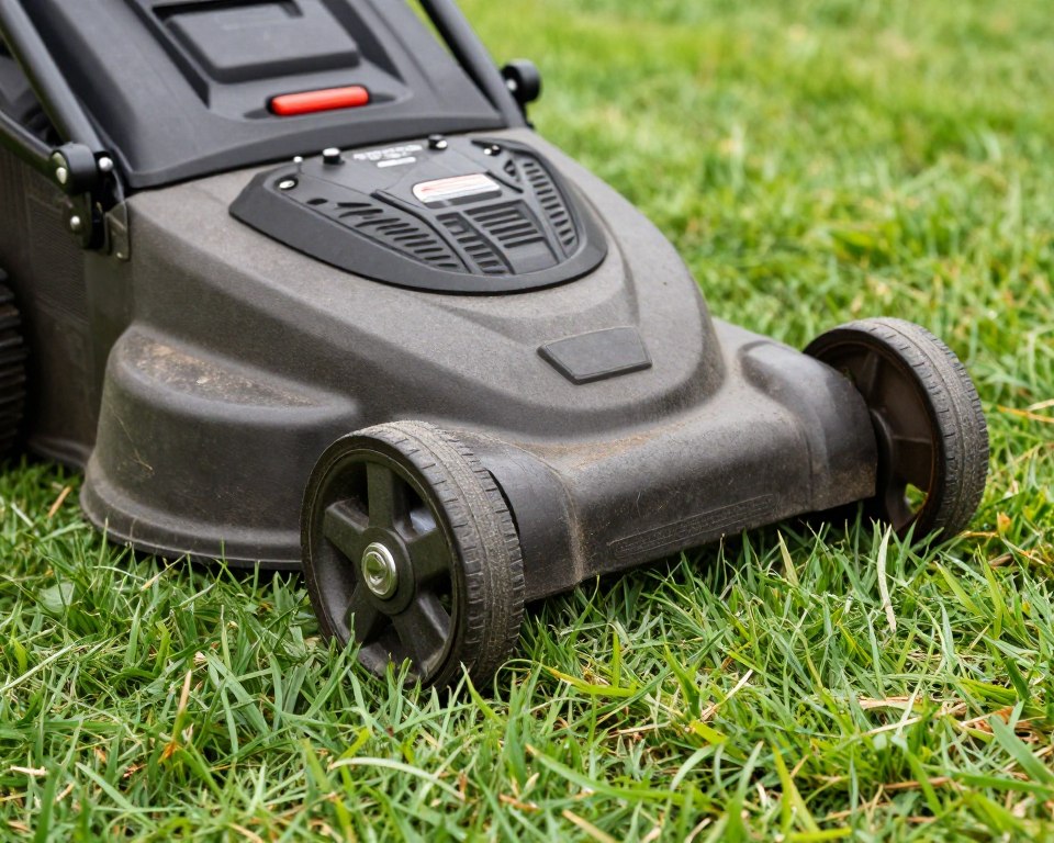 Lawn mower cutting grass at proper height showing healthy cut grass blades