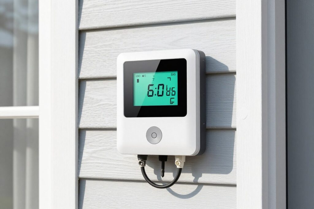 Modern smart irrigation controller installed on Woodstock home exterior