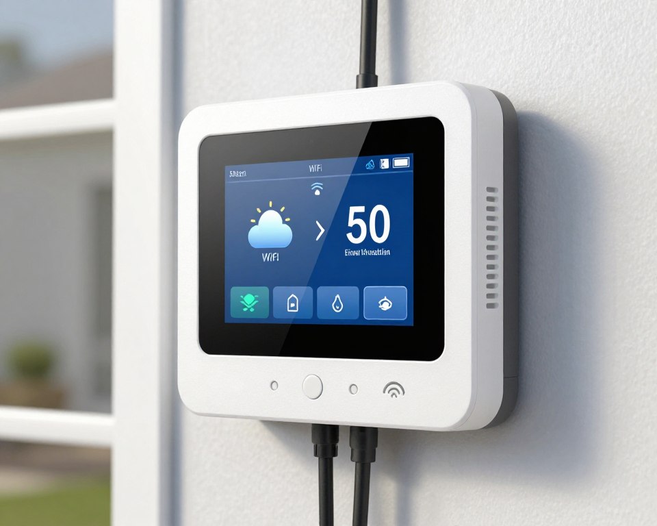 Modern smart irrigation controller mounted on exterior wall with digital display