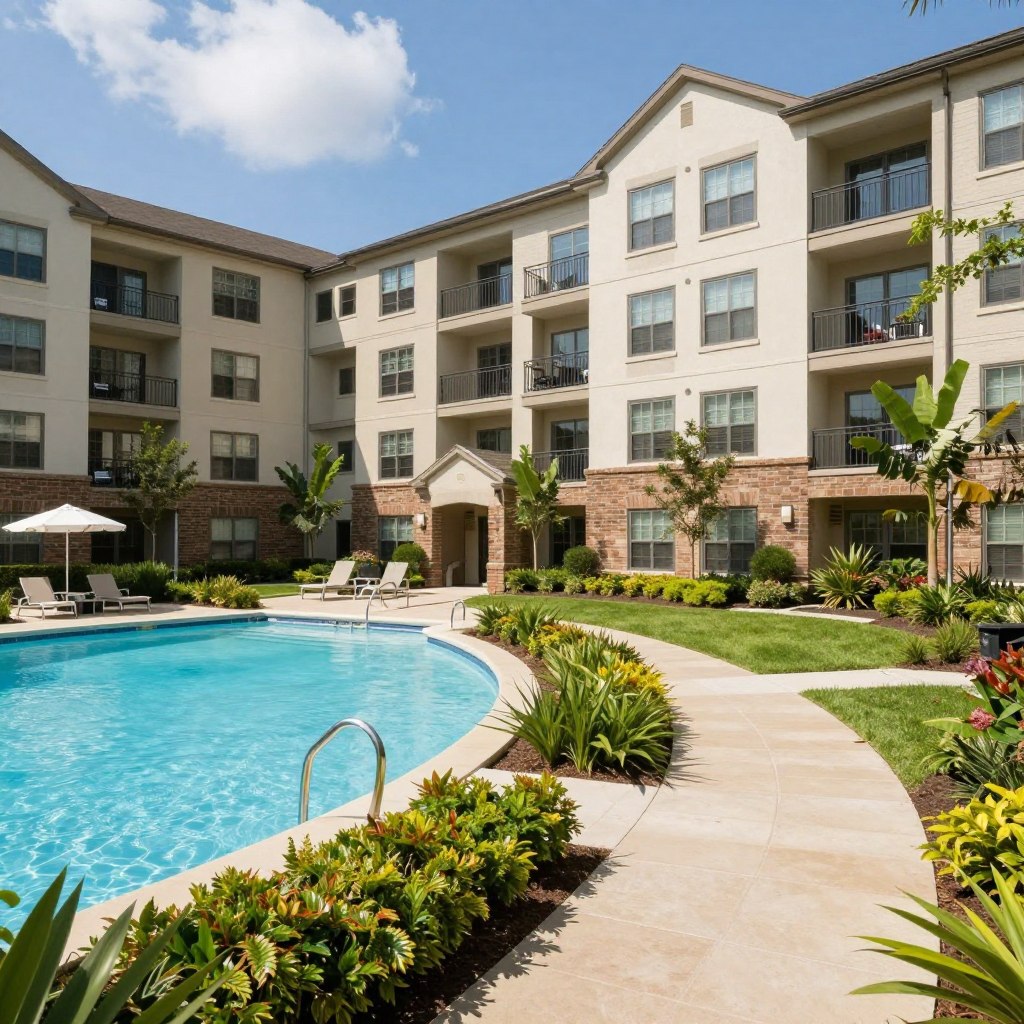 Multi-family apartment complex with maintained common areas and landscaping