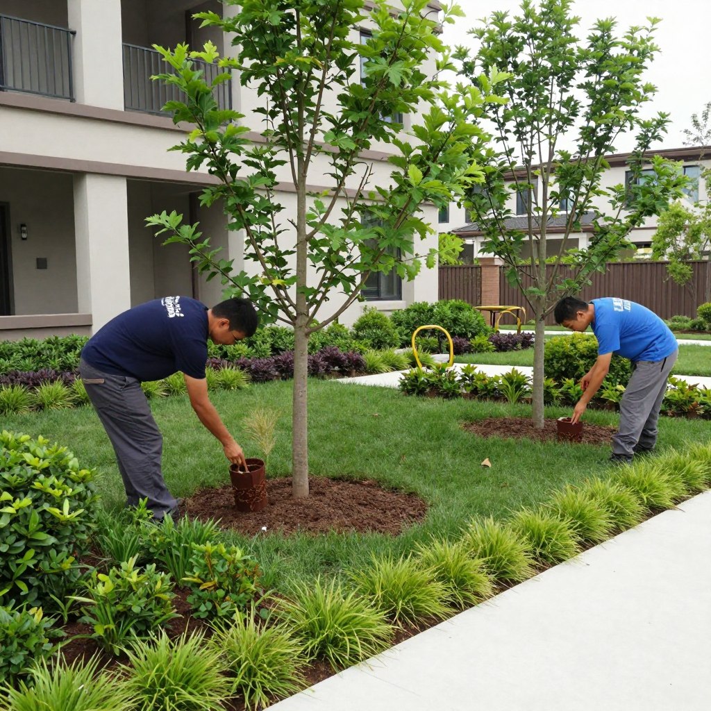 Professional commercial property installation with new landscaping features