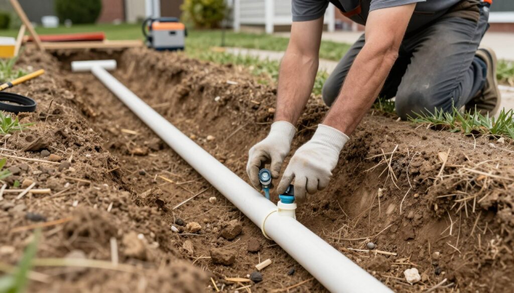 Professional installation of underground irrigation system pipes and sprinkler heads