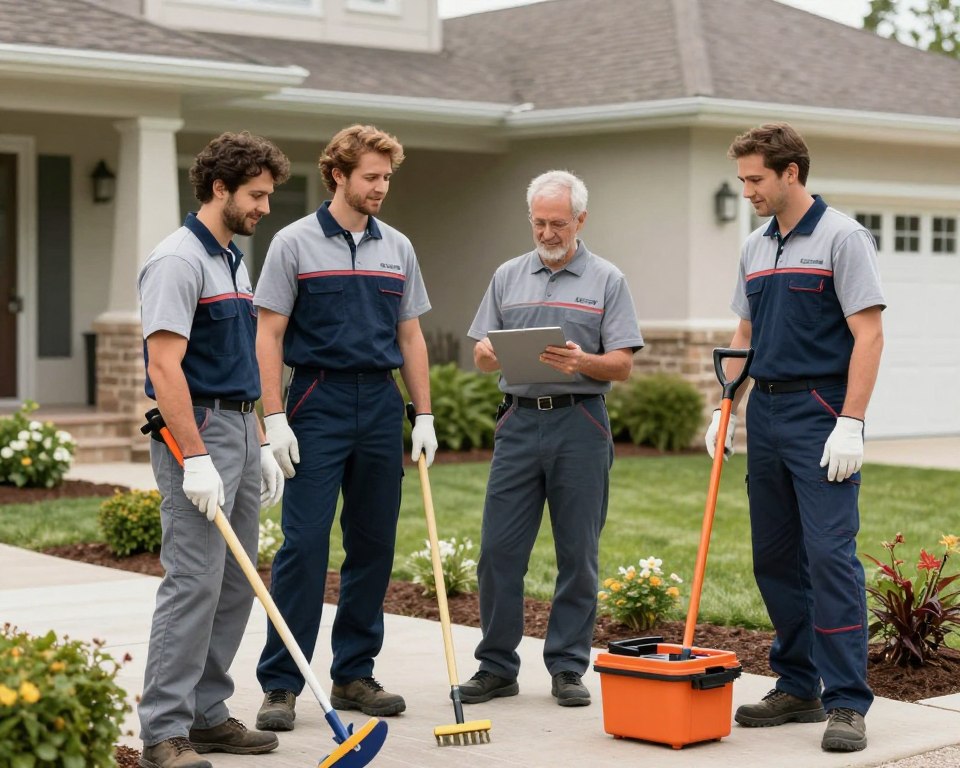 Professional landscaping team working together on residential property project