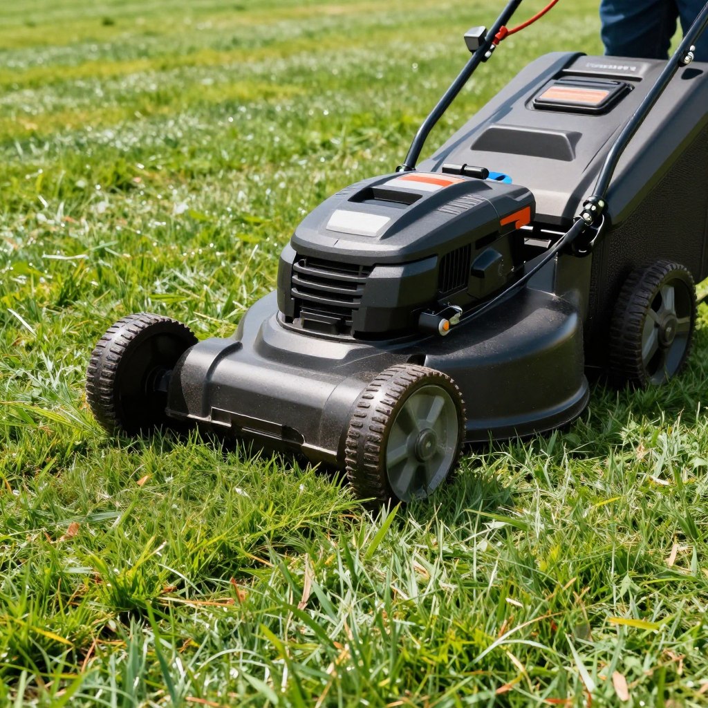 Professional lawn mowing service equipment and freshly cut grass in Woodstock