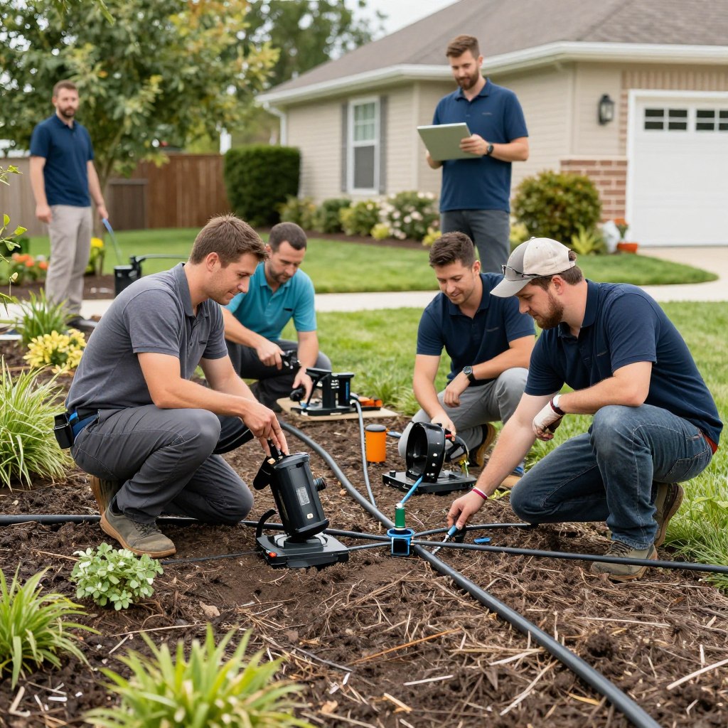 Professional team installing new irrigation system in residential yard