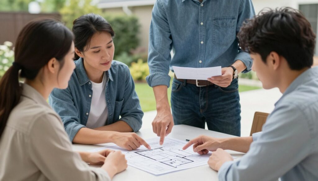 Project planning meeting between homeowner and landscaping professional with property plans