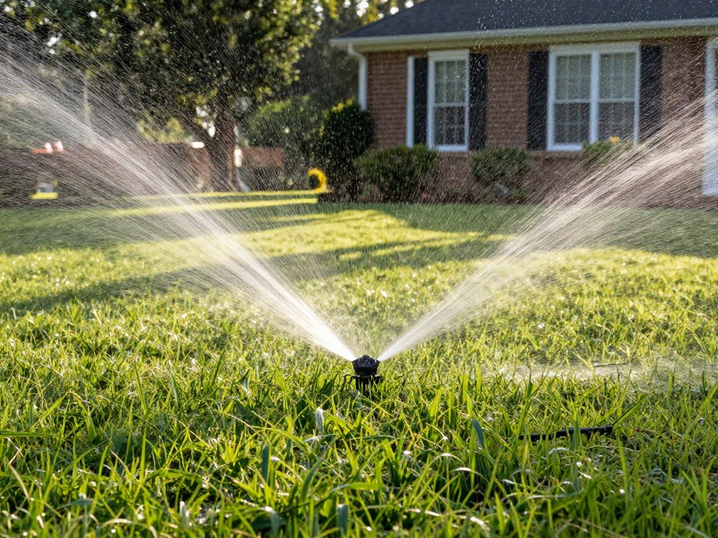 Proper lawn watering technique showing sprinkler system in Woodstock yard