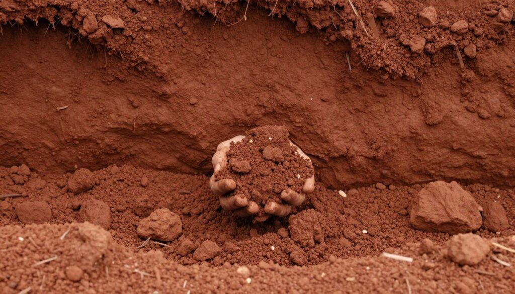 Red Georgia clay soil visible in excavated area showing drainage challenges