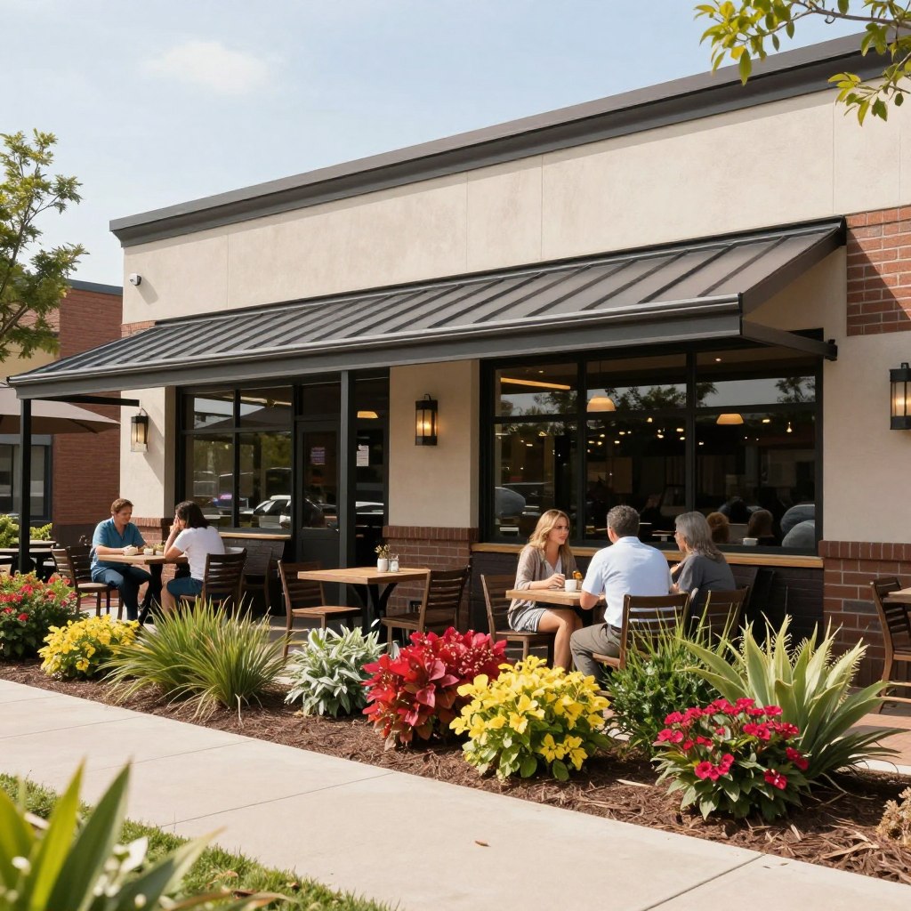Restaurant exterior with attractive landscaping to draw customers