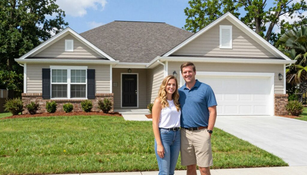 Satisfied Woodstock homeowner standing in front of perfectly maintained lawn by Aragon Landscaping