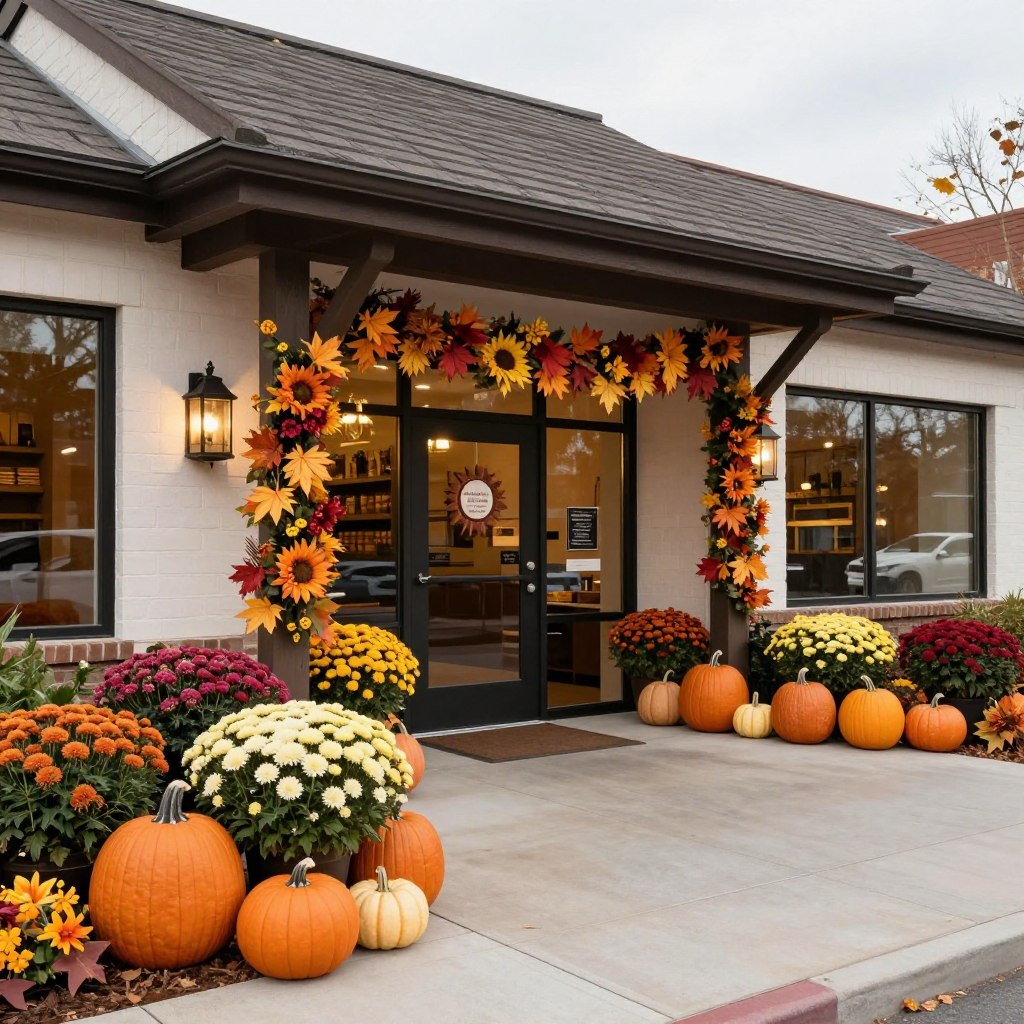 Seasonal commercial landscaping with autumn colors and fall decorations