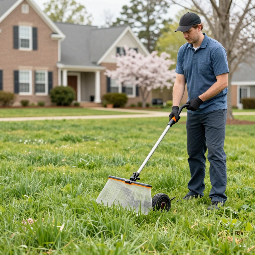 Spring lawn care activities including fertilization and weed control in Woodstock