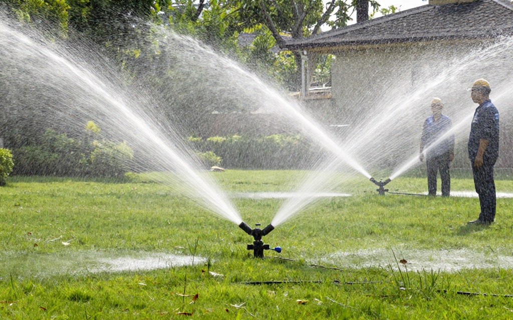 Sprinkler system being tested with water spraying across newly installed system