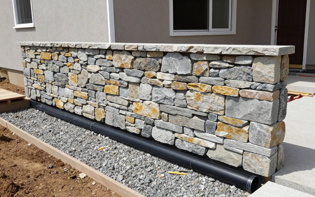 Stacked stone retaining wall with drainage pipe visible during construction