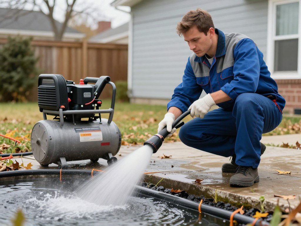 Technician performing fall irrigation system winterization service