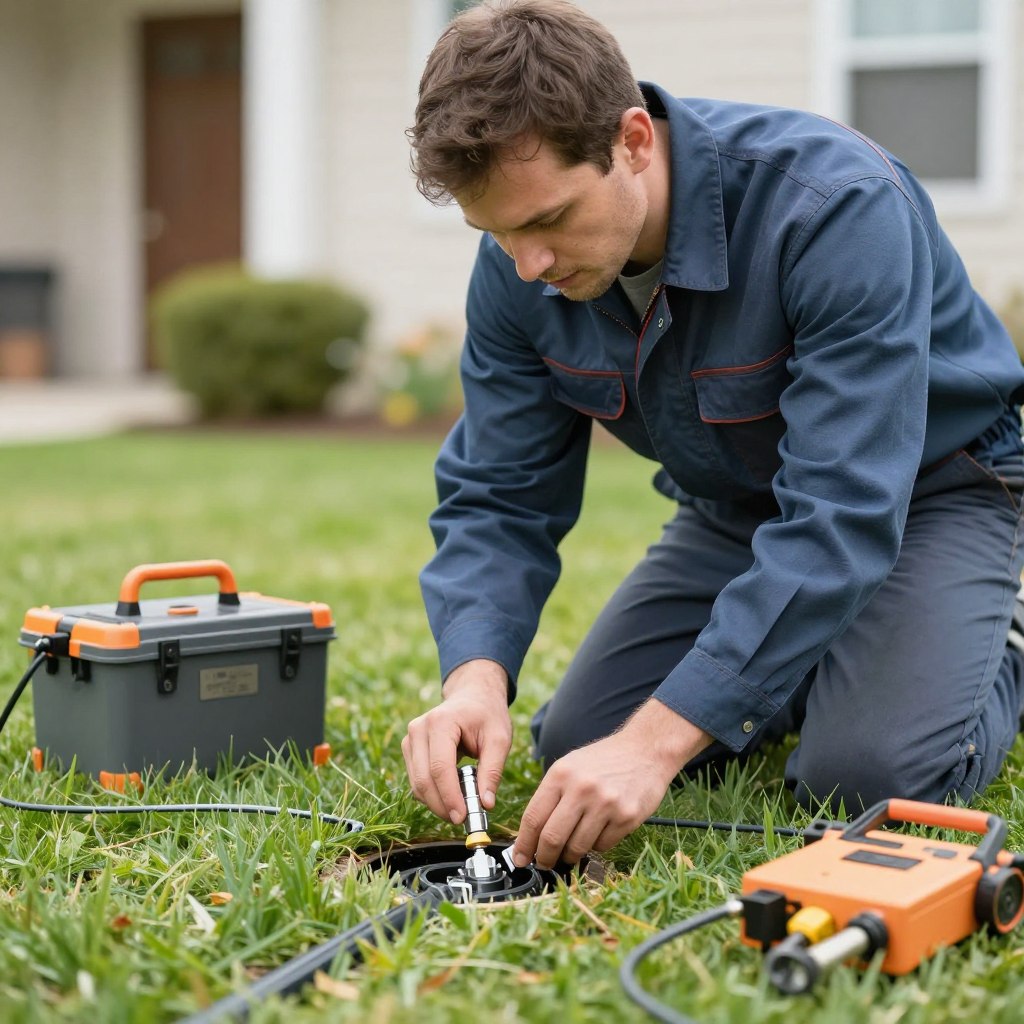 Technician repairing broken irrigation sprinkler head on lawn