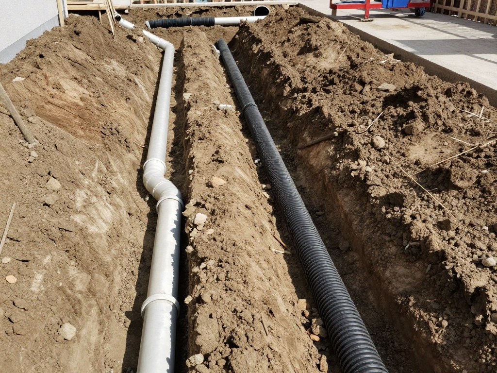 Underground utility trenches showing both irrigation and drainage pipes installed