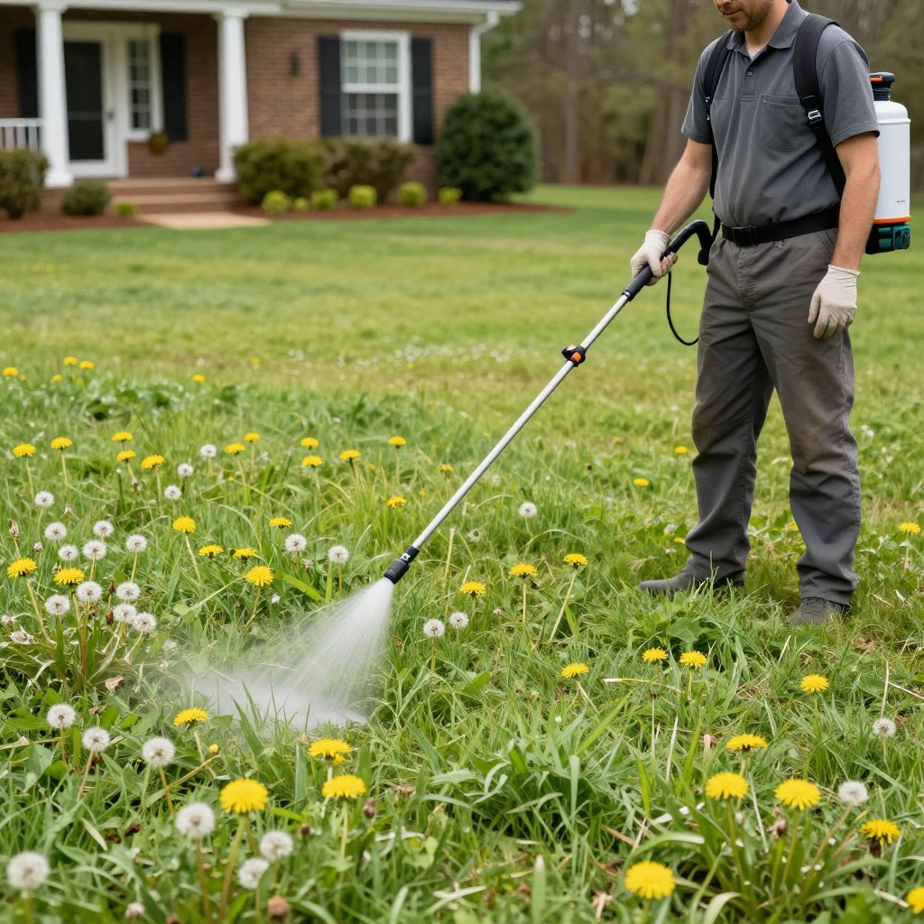 Weed control treatment being applied to Woodstock residential lawn