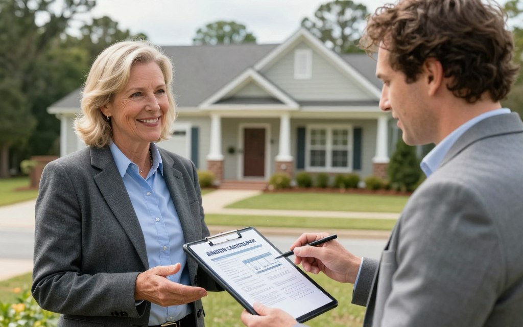 business owner reviewing commercial landscaping service plan in Woodstock