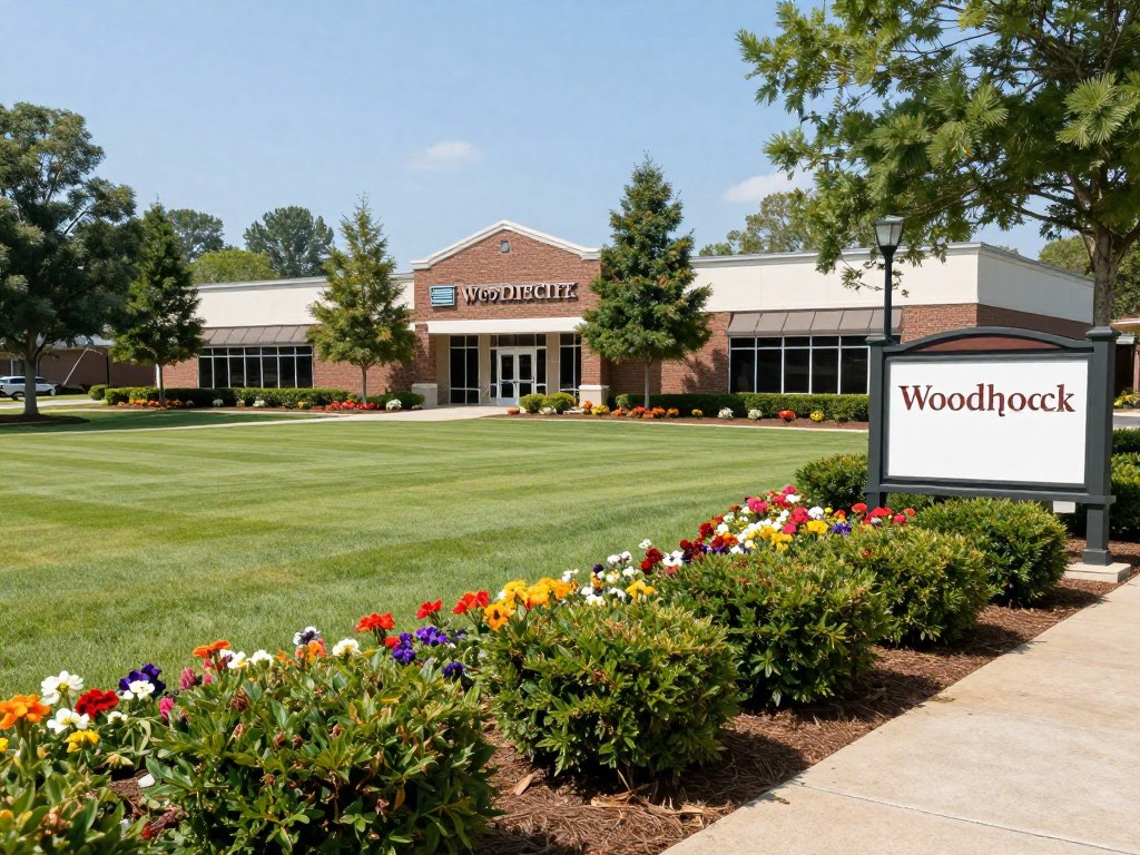 well-maintained commercial property in Woodstock showing professional landscaping impact