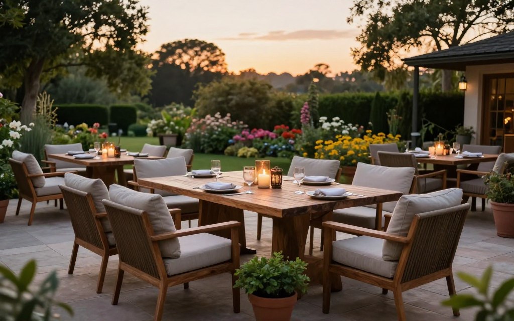 A beautifully arranged patio deck seating area at sunset, featuring a rustic wooden table surrounded by stylish, comfortable outdoor chairs with soft cushions. In the foreground, a small potted plant adds a touch of greenery. The middle ground showcases an inviting outdoor dining setup with elegant tableware and decorative candles, casting a warm glow. In the background, a lush garden filled with colorful flowers and tall trees creates a tranquil atmosphere. The lighting is soft and golden, reminiscent of late afternoon, enhancing the cozy and inviting mood. Captured from a slightly elevated angle to provide an expansive view of the entire seating arrangement and surrounding greenery. No people are present, focusing on the serene outdoor environment.