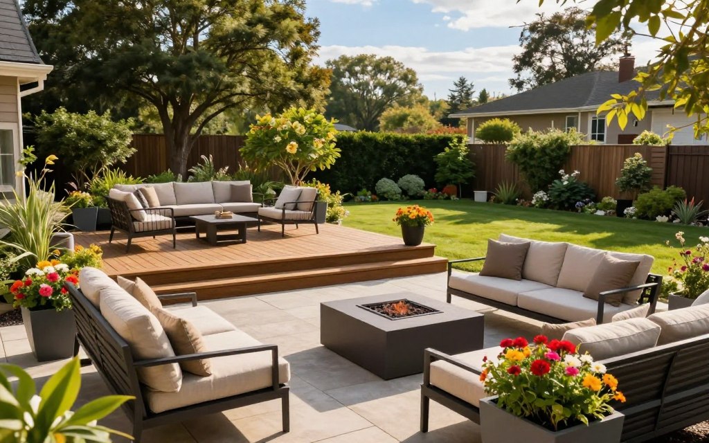 A beautifully designed outdoor living space in a backyard, featuring both a modern patio and an elevated wooden deck. In the foreground, the patio boasts elegant lounge furniture with plush cushions and a fire pit, surrounded by vibrant planters filled with colorful flowers. In the middle ground, the wooden deck, adorned with a cozy seating area and a small outdoor dining table, overlooks the lush green lawn. The background is a serene view of a well-maintained garden with tall trees and a blue sky, creating an inviting atmosphere. The scene is bathed in warm afternoon sunlight, casting gentle shadows and enhancing the tranquil mood. Use a slightly elevated angle to capture the layout of both spaces, focusing on the harmony between the patio and deck elements.