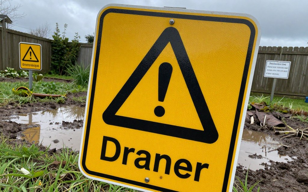 A close-up view of a drainage warning sign prominently placed in a backyard setting, surrounded by signs of poor yard drainage such as water pooling and sparse grass. In the foreground, the weathered sign stands out, with vivid colors like yellow and black, indicating caution. The middle ground features patches of soggy soil and areas of overgrown weeds, while the background showcases a cloudy sky hinting at an impending rainstorm. The lighting is soft and diffused, creating a slightly gloomy atmosphere, emphasizing the seriousness of drainage issues. The angle should be slightly tilted to add depth, focusing on the sign as the central element while capturing the surrounding issues clearly.