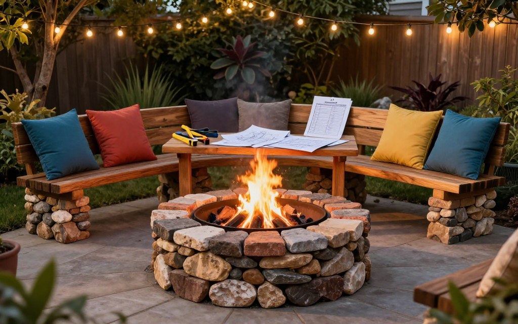 A cozy backyard scene featuring a well-constructed DIY fire pit made from budget-friendly materials like stones and bricks. In the foreground, display a circular fire pit surrounded by a rustic seating arrangement of wooden benches and colorful cushions. In the middle ground, show a small wooden table adorned with tools, sketch plans, and budget lists, symbolizing the planning phase. The background features lush greenery and twinkling fairy lights strung between trees, creating a warm, inviting atmosphere. The lighting is soft and golden, resembling the glow of a sunset, casting gentle shadows. The mood is relaxed and encouraging, ideal for homeowners eager to embark on their DIY project.