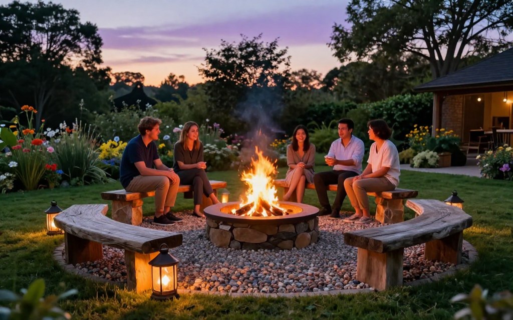 A cozy outdoor scene featuring an affordable gravel fire pit surrounded by natural stone seating and rustic wooden benches. The fire pit is circular, filled with smooth, colorful gravel and positioned on a grassy lawn, illuminated by the warm glow of a crackling fire inside. In the foreground, a few decorative lanterns cast soft light, enhancing the inviting atmosphere. In the middle, people can be seen enjoying the fire, dressed in modest casual clothing, sharing laughter and stories. The background showcases a lush garden with wildflowers and tall trees, under a softly lit evening sky that transitions from blue to hints of orange and purple. The angle is slightly elevated, capturing both the fire pit and the surrounding greenery to evoke a sense of comfort and tranquility.