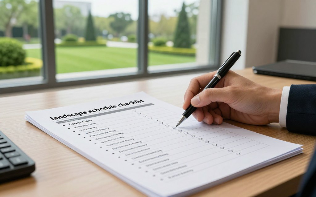 A detailed and organized "landscape schedule checklist" on a wooden desk in a bright office environment. The foreground features a neatly arranged checklist with bullet points outlining essential commercial landscaping tasks, such as "Lawn Care," "Pruning," and "Seasonal Planting." In the middle, a pair of professional hands holding a pen prepares to check off completed items. The background showcases a large window with natural daylight pouring in, revealing a well-maintained green landscape outside, complete with manicured lawns and ornamental trees. The overall atmosphere is vibrant and focused, emphasizing professionalism and organization, captured with a shallow depth of field to enhance the checklist. Use soft lighting to create an inviting yet efficient workspace ambiance.