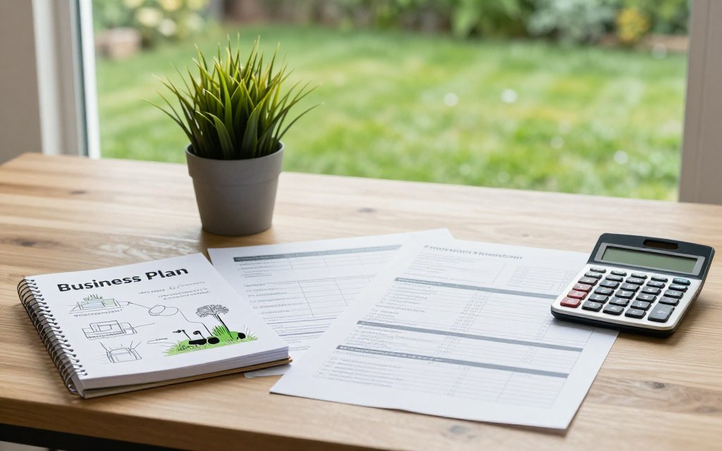 A detailed and organized workspace depicting a lawn care business plan and startup budget. In the foreground, a wooden desk covered with professional documents, spreadsheets, and a calculator. A neatly arranged notebook labeled "Business Plan" with sketches of lawn care services. In the middle ground, a potted green plant adds a touch of nature, enhancing the theme of lawn care. In the background, a large window reveals a sunny outdoor lawn, with freshly cut grass visible, symbolizing a successful lawn maintenance business. Soft, natural lighting illuminates the scene, creating an optimistic and motivating atmosphere. The composition exudes professionalism and focus, avoiding any clutter, with items arranged methodically for clarity and appeal.
