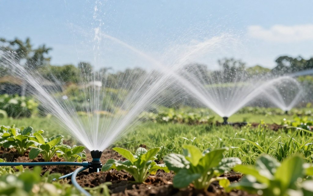 A detailed comparison image showcasing drip irrigation and a sprinkler system in a lush garden setting. In the foreground, display a close-up of a drip irrigation setup with tubing and emitters gently watering the base of vibrant plants. In the middle, illustrate a traditional sprinkler system spraying water over a green lawn, capturing the arcs of water in mid-air. The background should feature a clear blue sky, enhancing the contrast between the two systems. Use soft, natural lighting to create an inviting atmosphere. Aim for a slightly elevated angle to provide an overview of both systems, allowing viewers to easily compare the distinct features and benefits of each irrigation method. The composition should be clean and organized, free of any text or distractions.