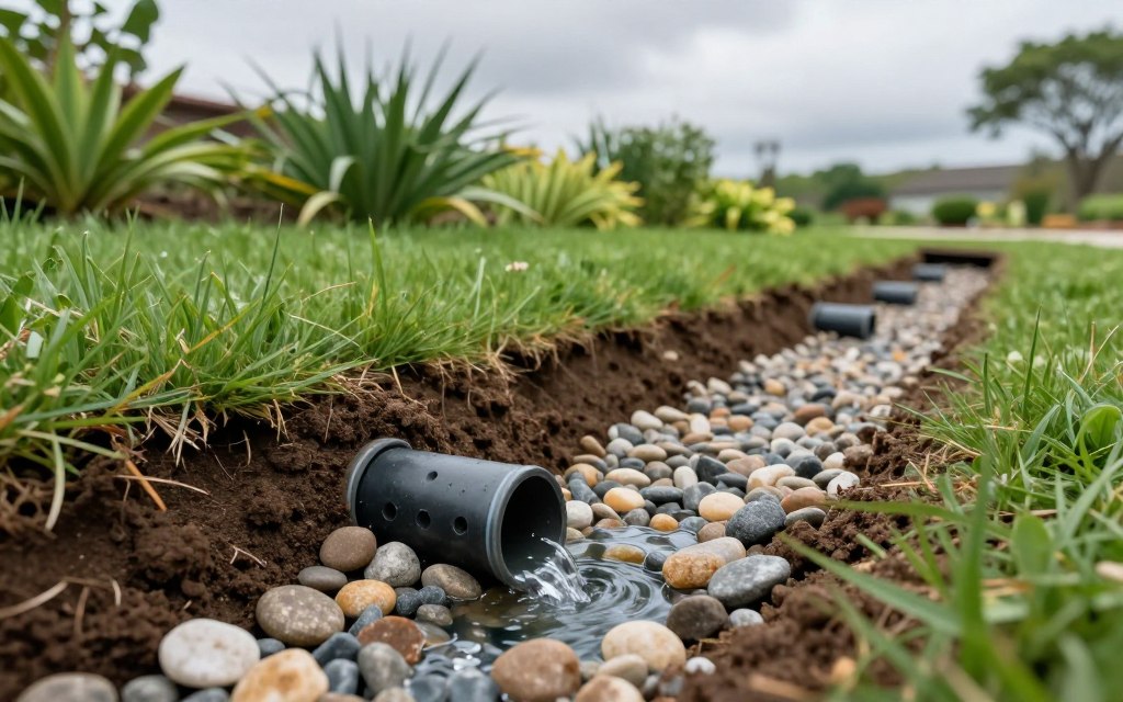 A detailed illustration of an effective yard drainage system, showcasing the layers of soil, pipes, and gravel. In the foreground, a close-up of a perforated drainage pipe surrounded by pebbles, with clear water flowing through, indicating proper drainage. The middle ground features a well-manicured yard with visible drainage trenches, lush green grass, and healthy plants. In the background, a slight slope towards a nearby drain or swale, with a cloudy sky diffusing soft light to create a calm atmosphere. The scene conveys the importance of yard drainage, highlighting both functionality and aesthetic appeal. The composition should be shot from a low angle to emphasize depth and detail, without any text or watermarks.