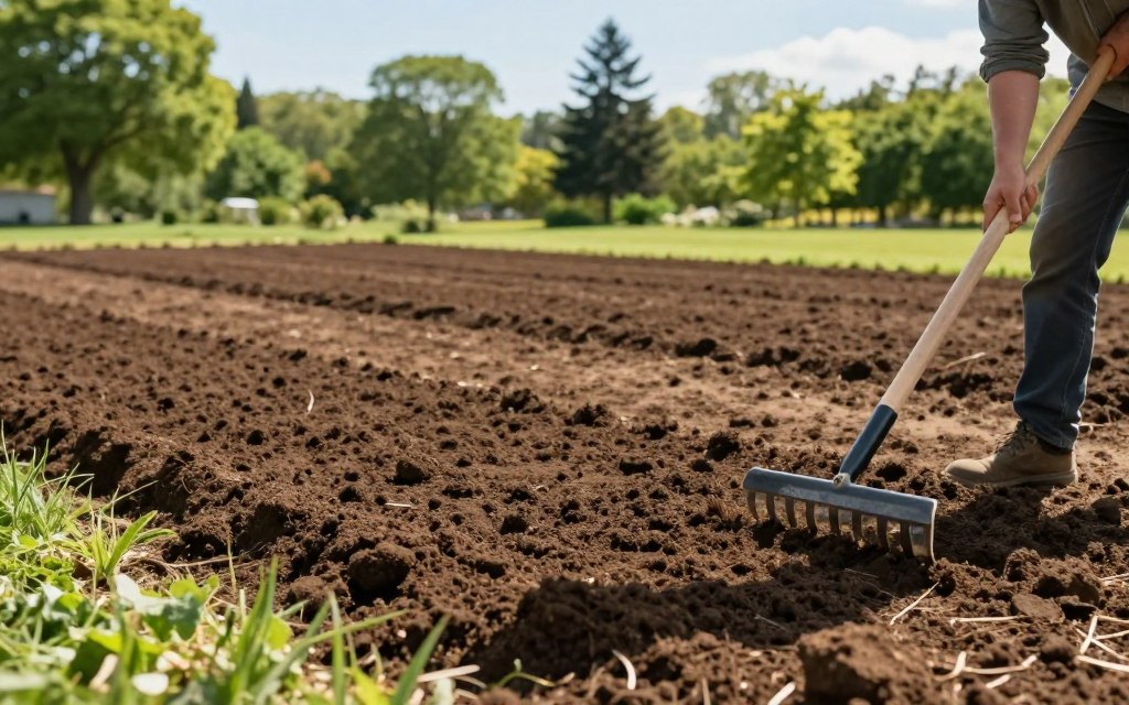 A detailed landscape depicting soil grading for a healthy sod lawn. In the foreground, freshly tilled soil is being leveled by a professional in modest casual clothing, using a flat rake to create an even surface. The middle ground features a sprawling area of rich, dark soil, carefully graded with gentle slopes to ensure proper drainage. In the background, lush green trees and a bright blue sky create an inviting atmosphere, indicating a sunny day ideal for outdoor work. Soft, natural lighting enhances the textures of the soil and surrounding vegetation. A shallow depth of field focuses on the soil grading process while blurring the background slightly, adding a sense of depth and clarity to the scene.