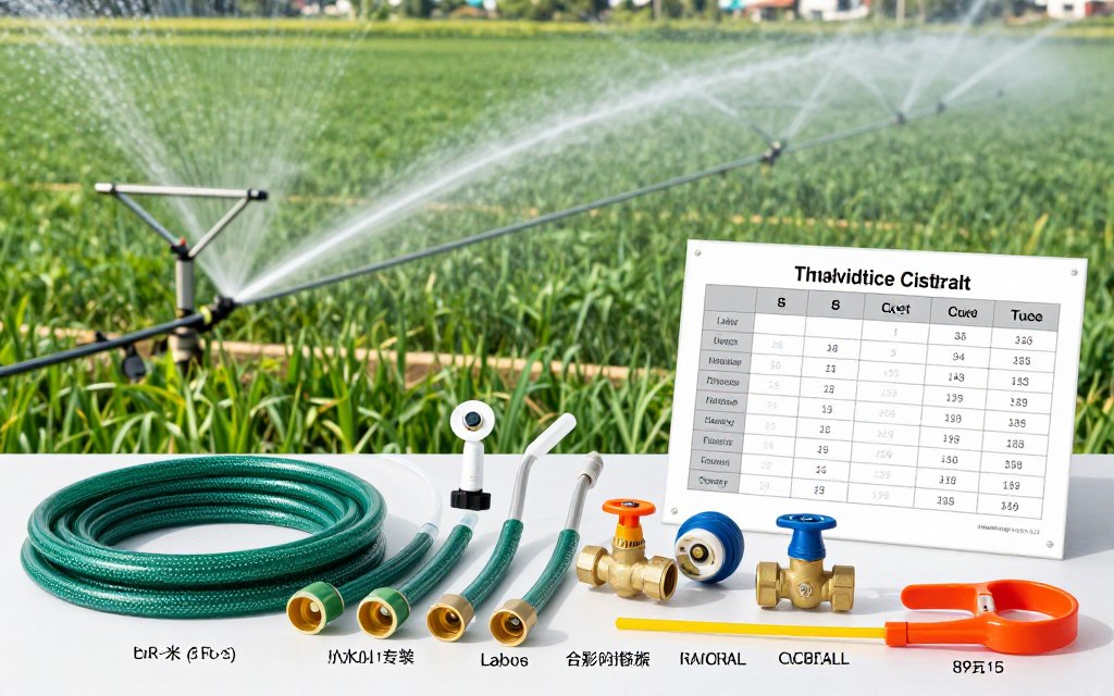 A detailed scene depicting the cost and equipment of irrigation installation, with a focus on drip irrigation and sprinkler systems. In the foreground, showcase a neatly arranged selection of components: drip hoses, sprinkler heads, valves, and installation tools, meticulously labeled to highlight their importance in irrigation setup. In the middle ground, include a table with a cost breakdown chart displayed prominently on one side, illustrating expenditures related to labor, materials, and maintenance. The background features a lush green field being watered by both a drip line and a sprinkler system under bright, natural sunlight, casting soft shadows for depth. The atmosphere conveys a sense of professionalism and efficiency, making it inviting for readers seeking insightful information.