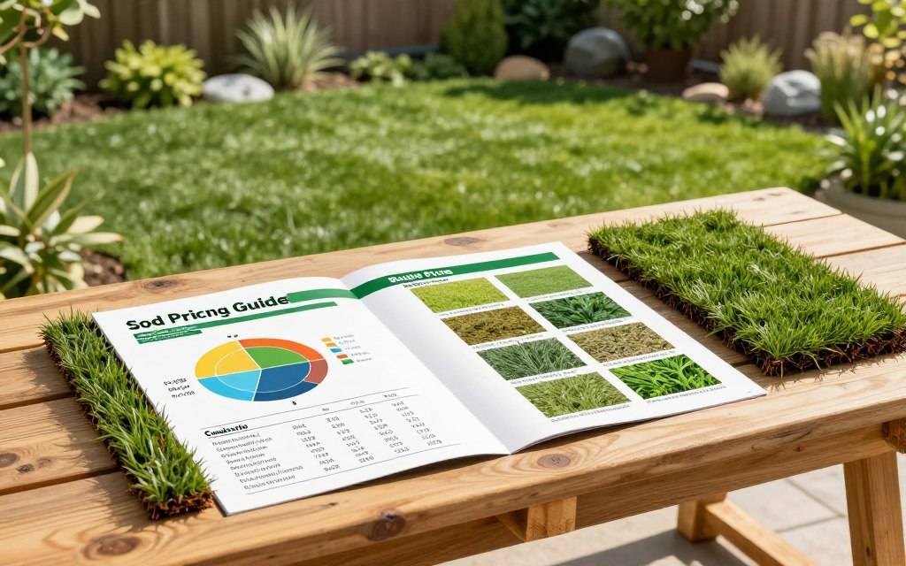 A detailed sod pricing guide displayed on a clean, rustic wooden table, with pallets of lush green sod in the foreground. The guide features colorful charts and numbers detailing core pricing and budget ranges, with images of different sod types arranged neatly beside it. In the middle background, a well-kept garden showcases a healthy lawn and decorative plants under bright, natural sunlight, hinting at professional landscape installation. A soft-focus on the edges emphasizes clarity around the pricing guide. The atmosphere is informative yet inviting, encouraging readers to explore options for sod installation. Use a warm, bright light source to highlight the vibrant greens and earthy tones, ensuring a professional and organized presentation.